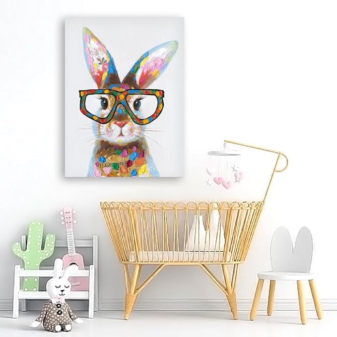 Yidepot Whimsical Colorful Rabbit Canvas Poster - Farm Bunny Bedroom Wall Decor with Cute Glasses Pictures for Living Room 16"x24"