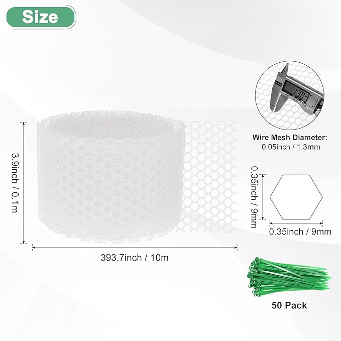 1-Pack Floral Chicken Wire Mesh, 3.9 in x 33 ft Plastic Hexagonal Chicken Wire Fencing with 50 Garden Ties for Crafts/Poultry Netting/Garden/Plant Protection [White]