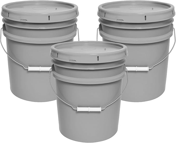 5-Gallon Bucket with Airtight Lid – Made in USA, Food Grade BPA Free Plastic, Heavy Duty Multi-Use, Metal Handle with Grip, Stackable Storage – Silver, 3 Pack