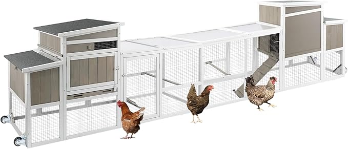 Portable Chicken Coop Wooden Hen House with Nesting Box,157.4" L Outdoor Chicken House with Wheels and Removable Tray,Fir Wood Chicken Tractor with 4 Ventilation Door and Ramp,Grey