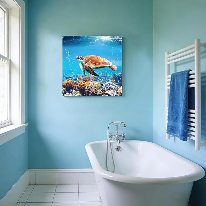Woxfcart Sea Turtle Canvas Wall Art Tropical Turtle Picture Gift Sea Life Teal Ocean Animal Prints for Bathroom Bedroom Living Room Decor, 24 x 24 Inch, Ready to Hang