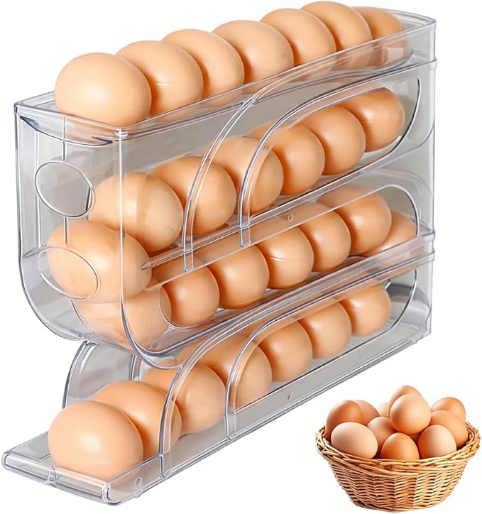 Auto Rolling Egg Holder for Fridge, 4-Tier Egg Dispenser Organizer Holds 28 Eggs, No Assembly Space-Saving Egg Storage Rack for Refrigerator & Countertop (Transparent)