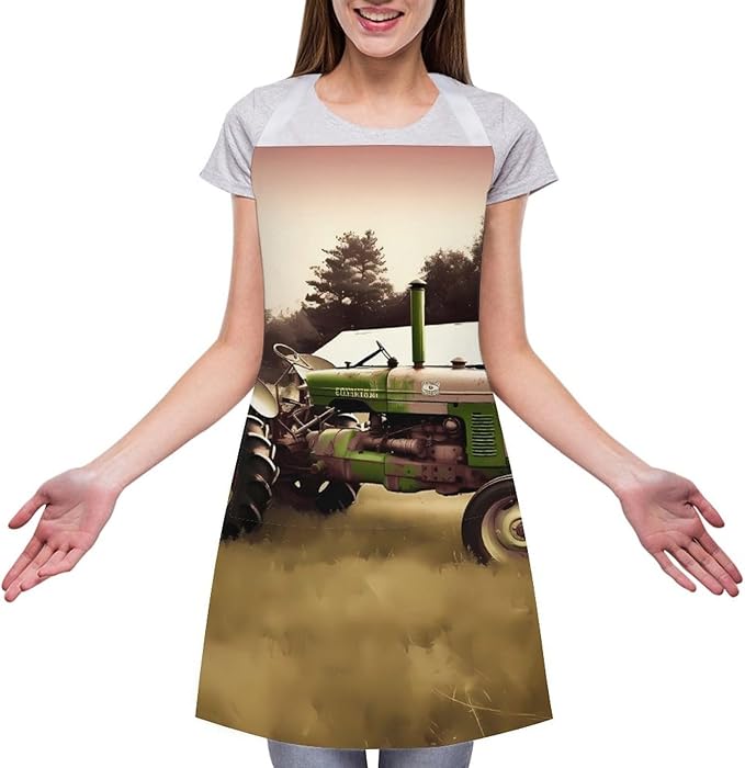 Old Tractor Photo Farm Chef Apron for Men Women with 2 Pockets Water & Oil Resistant Bib Aprons Adjustable Neck Strap & Long Ties Work Apron for Cooking Grilling Serving Crafts Gardening