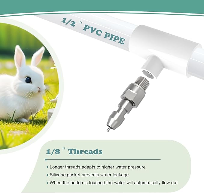 15pcs Stainless Steel Rabbit Water Nipples Automatic PVC Tees Rodent Waterering System (White, 15)