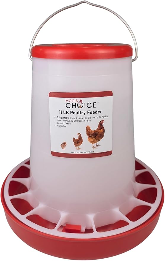 Hen's Choice 11 LB Poultry Feeder, Twist Lock Base, Adjustable Legs, Hangable with Lid (Red)