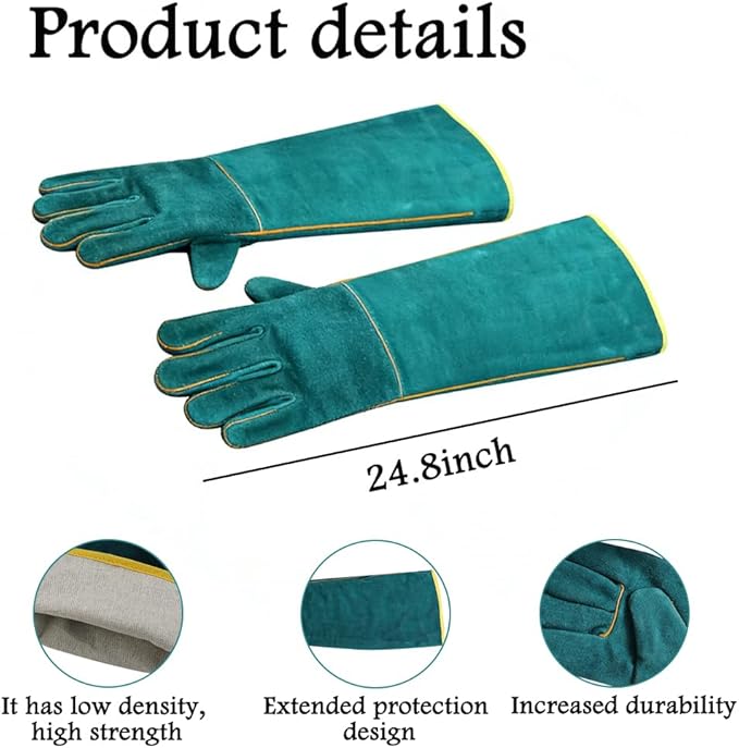 24.4 Inch Animal Handling Gloves Bite Proof, Thickened Cowhide Leather Scratch Resistant for Dog Training, Pet Grooming, Parrot & Hawk Grabbing, Wildlife Protection (1 Pair)