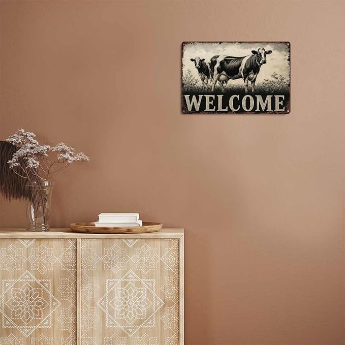 Vintage Farmhouse Metal Welcome Sign - Rustic Cow Farm Animal Theme 8x12 Inch Vintage Aluminum Metal Tin Signs-For Living Room Kitchen Patio Porch Backyard Home Decor Wall Decor