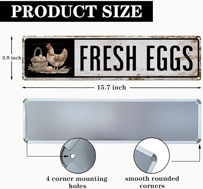 Chicken Decor Sign, Fresh Eggs Sign, Hens Coop Decor for Outdoor, Retro Metal Tin Signs 15.8x4 inches, Chicken Farm Decoration for Wall, Garden Yard Farmhouse Decors