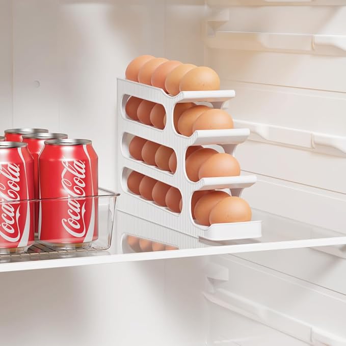 Sotfamily Egg Holder for Fridge, 4 Tiers Auto Rolling Egg Storage Organizer for Refrigerator, Slim Space Saving Container, Dispenser - Egg Roller for Eggs 24 Count
