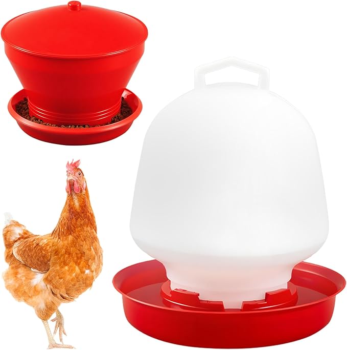 Maxdot 4.8 Gallon/42.4 Pounds Automatic Chicken Feeder & Waterer Set Large Capacity Hanging Automatic Poultry Feeder & Waterer for Chickens & Livestock