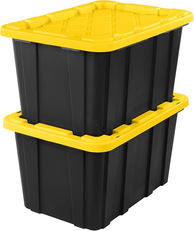 6-Pack 27-Gallon Heavy Duty Storage Bins, Stackable Plastic Container with Snap Lid, Organizer Tote for Garage, Attic, Closet, Basement, Truck Bed - Black and Yellow