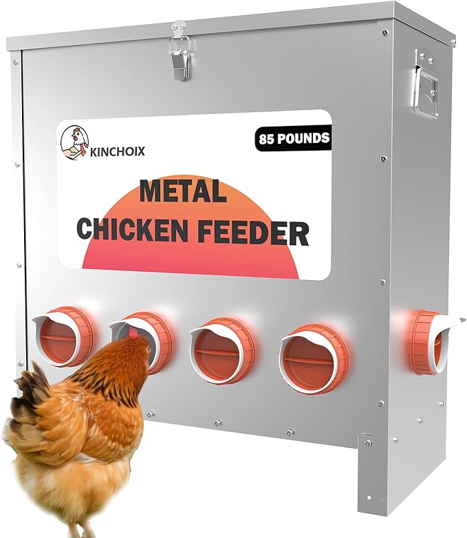 Metal Chicken Feeder Large Capacity 85lbs Automatic Metal Rat Proof Chicken Feeders No Waster Weatherproof Poultry Feeder for Chickens, Geese, Ducks, Turkeys, Quails (10-Port)