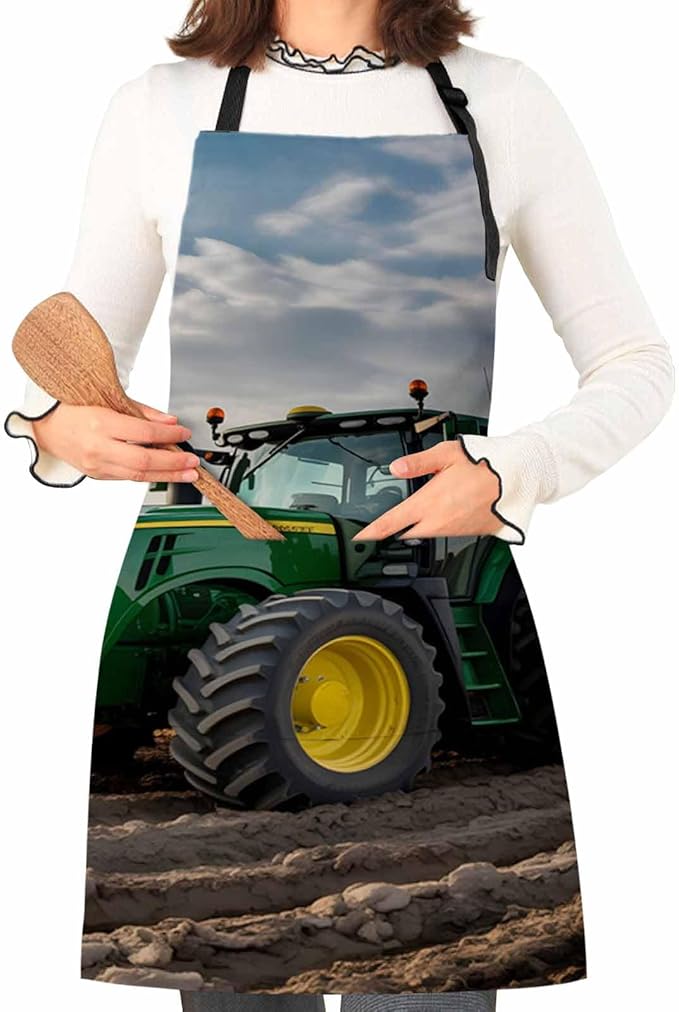 Farm Tractor Chef Apron Adjustable Bib Aprons, Waterproof Apron with Pockets for Men Women, Green Truck Country Rustic Field Harvester Kitchen Cooking Apron