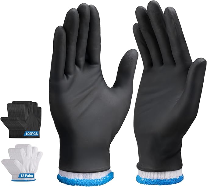 100 PCS Disposable Black Nitrile BBQ Gloves - 5 Mil Heavy Duty Latex Free for Cooking, Serving, BBQ, Barber, Butcher, Chef, with 12 Pairs Cotton Glove Liners Men & Women, Medium