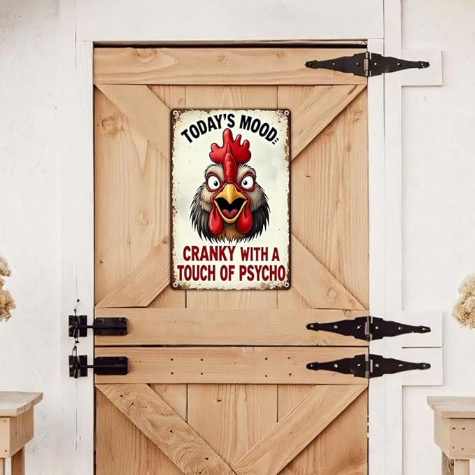 FunnySign Rooster Décor Today's Mood: Cranky With A Touch Of Psycho Rustic Tin Sign For Home Farm Chicken Coop Decor 8x12 Inch (9712)