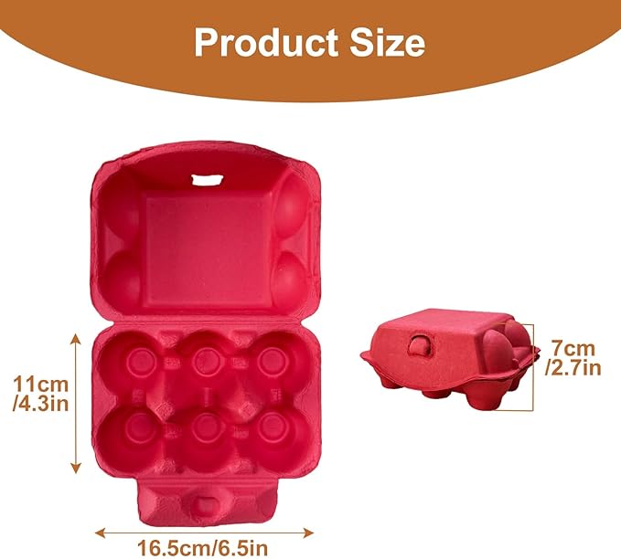 Reusable Egg Cartons, Paper Pulp Material, 50 Pack, Pink Yellow Orange Red Colors, Farm Fresh Eggs Storage Container (Red)