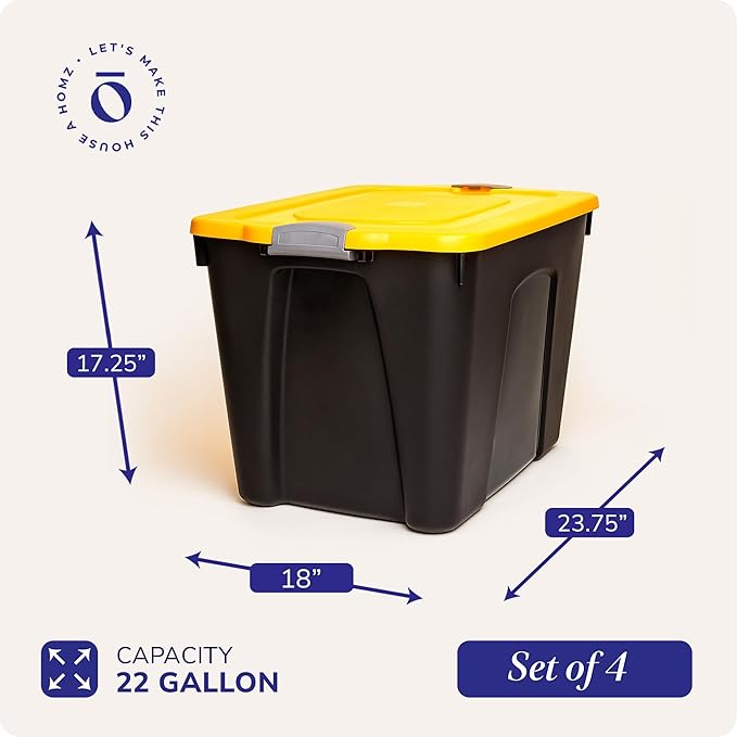 Homz 22-Gallon Durabilt Plastic Stackable Home Office Garage Storage Organization Container Bin w/Latching Lid and Handles, Black/Yellow (4 Pack)
