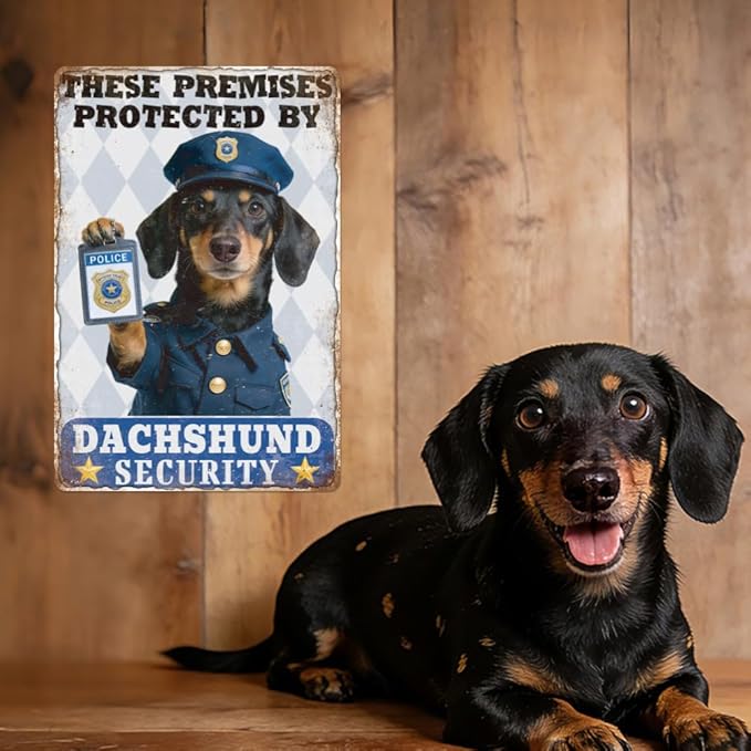 WADORN Dachshund Security Warning Vintage Sign, 8x12 Inch These Premises Protected By Dachshund Security Retro Tin Sign Dog Patrolled Property Decor for Home Outdoor Coffee Shop Traffic Road Garden
