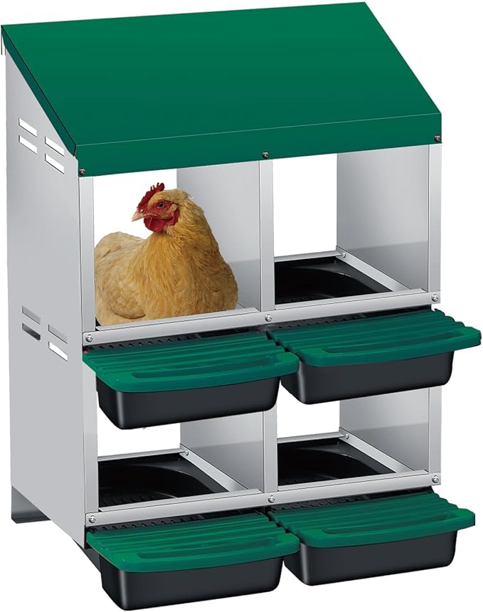 4 Compartment Metal Chicken Nesting Box, Automatic Roll-Out Egg Collection, Waterproof Galvanized Steel Laying Box with Perch & Wall Mount, for Hens Ducks Rabbits