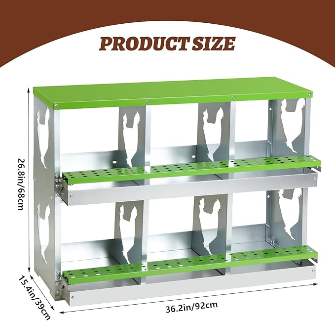 Chicken Nesting Box,Heavy Duty Metal Nest Boxes,6 Hole Roll Away Nesting Boxes,with Large Vented Holes,Wall-Mountable Chicken Coop Nesting Boxes,for Chickens,Ducks,Large Egg Boxes (Green 6 Hole)