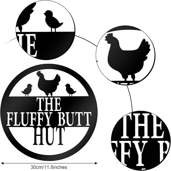 Pangda Chicken Coop Decor 11.8" Fluffy Butt Hut Sign Chicken Coop Signs Metal Accessories Kitchen Farmhouse Wall Art Retro Vintage Wall Art for Hen Lovers and Home Kitchen Decoration (Black)