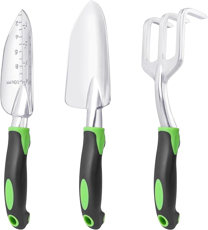 Garden Tools Set, 3 Pack Heavy Duty Gardening Tools Set Include Garden Shovel, Transplant Trowel and Hand Rake with Ergonomic Non-Slip Handle, Aluminum Alloy Lawn and Garden Hand Tools for Planting