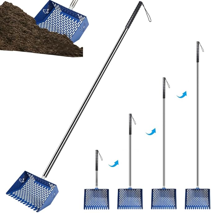 Heavy Duty Chicken Coop Rake and Scoop, 15 Inch Extra Large Chicken Coop Rake with Adjustable Stainless Steel Handle (25 to 73 Inch)，Metal Multi-Use Cleaning Shovel for Coops, Beach（Blue）