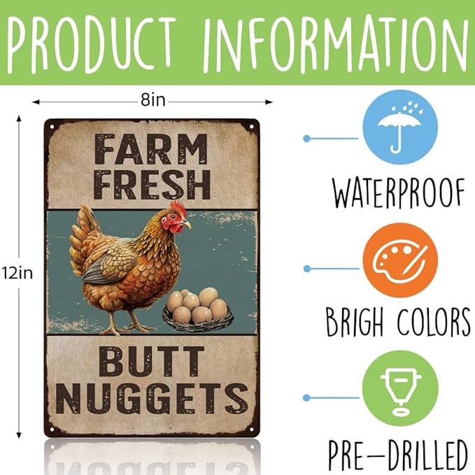 Vintage Metal Signs Chicken Coop Signs for Farmyard Decor, Farm Tin Signs for Home Kitchen Outdoor Decor, Chicken Decor for Country Cottage, Fresh Butt Nuggets 8×12, Chicken Egg Sale Outdoor Décor