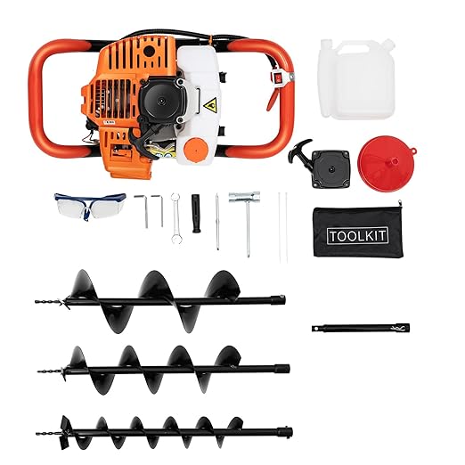 52CC Post Hole Digger Gas Powered, 1.98HP 2 Stroke Auger Post Hole Digger with 3 Drill Bits (4"/6"/8") + 1 Extension Rod for Planting - Ideal for Farm & Garden - Orange-[Arrives in Two Boxes]