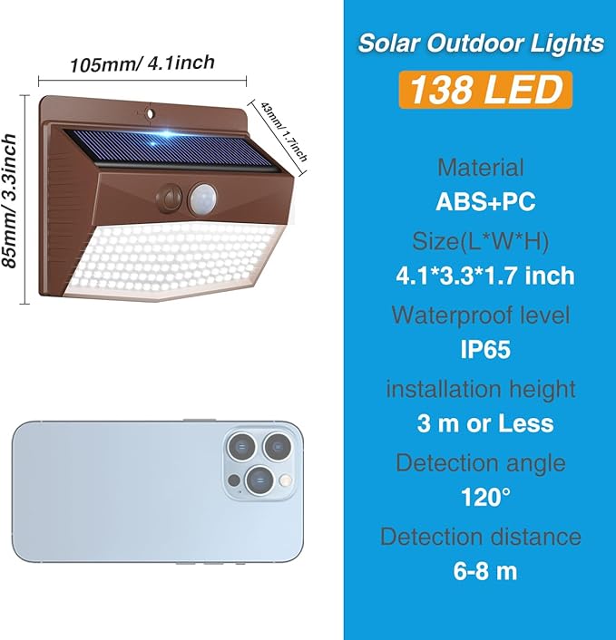 Peasur 16 Packs Solar Outdoor Lights Motion Sensor Solar Security Light Waterproof with 3 Lighting Modes Solar Powered Wall Lights Outside for Garden Fence Yard, Brown
