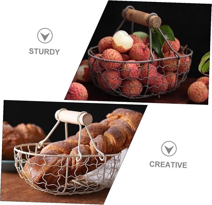2pcs Retro Style Storage Basket Wooden Handle for Fruit Eggs and Snacks Compact Design for Organization Gray-Black and Colors