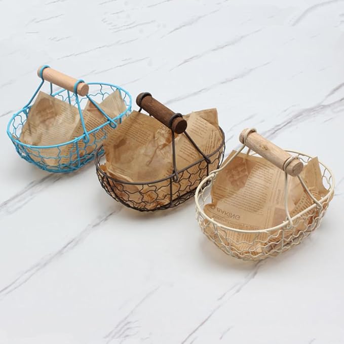 Wire Egg Basket Round Egg Collecting Basket with Wooden Handle for Farm Fresh Kitchen Decor