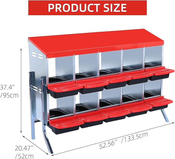 Chicken Nesting Box, 2-Tier Chicken Egg Laying, 10 Compartments Chicken Laying Box for Hens, 10 Room Metal Nesting Boxes for Chicken, Roll Away Nest Box with Lid Cover to Protect Eggs, 10 Holes Red