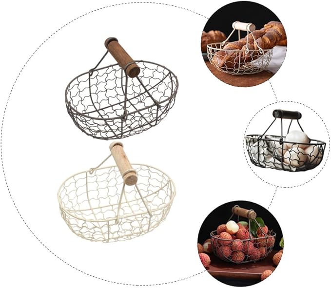 GALPADA 2pcs Retro Vintage Metal Fruit Basket with Wooden Handles, Kitchen Storage Organizer for Eggs, Bread, and Snacks, Farmhouse Style Food Container for Household Use