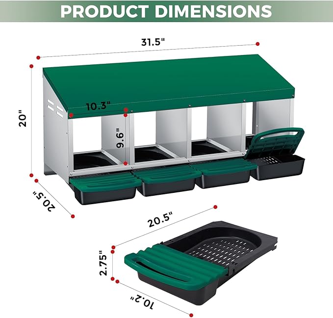 4 Compartment Metal Chicken Nesting Box, Automatic Roll-Out Egg Collection, Waterproof Galvanized Steel Laying Box with Perch & Wall Mount, for Hens Ducks Rabbits
