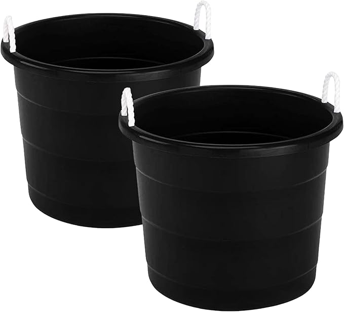 HOMZ 2-Pack Utility Tub, Large Plastic Storage Bucket with Rope Handles, 18 Gallon, Black - Portable Indoor and Outdoor Buckets for Kitchen, Laundry, Garden, Bathroom, and Garage Organization