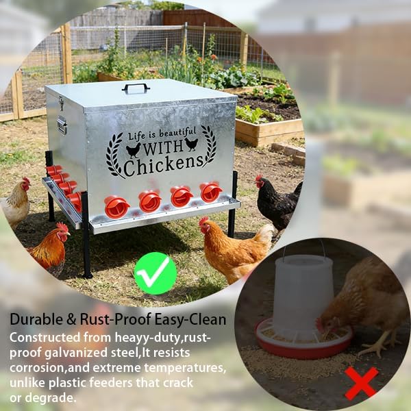 Upgraded 280 LB Automatic Large Capacity Chicken Feeder with Sturdy Adjustable Support Rod 16 Feeding Ports - Anti Waste Design Durable Poultry Feeder for Backyard Farms, Chicken Coops