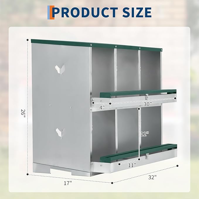 Chicken Nesting Box for Backyard Coop, 6 Compartment Two-Tier Egg Laying Box with Rollaway Design, Galvanized Steel Wall Mount with Vents for Easy Clean, Green