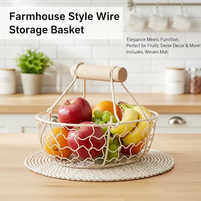 Kitchen Decor Chicken Egg Basket: Egg Basket for Gathering Fresh Eggs, Farmhouse Small Vintage Style Wire Fruit Bread Fresh Egg Holder Countertop, Egg Collecting Basket (White)