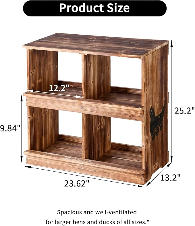 Nesting Boxes for Chickens - Wooden Chicken Nesting Box for Chicken Coop Accessories, Sturdy 4-Compartment Wall Mount Egg Laying Box for Hens, Chickens, and Ducks(Richly Charred)