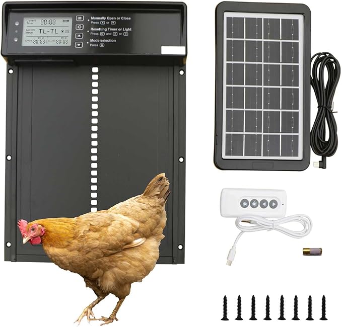 Automatic Chicken Coop Door Solar Powered, LCD Display Chicken Door with Timer & Light Sensor, Remote Control & 4 Modes, Anti-Pinch, Weatherproof
