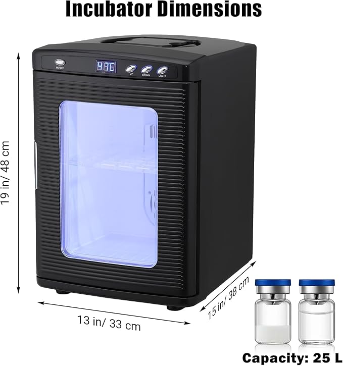 25L Reptile Incubators for Hatching Eggs, Digital Science Lab Incubator,Cooling and Heating 10-60°C, 12VAC/110VDC Dual-Power Small Portable Incubator for Laboratory, Home, Vehicle, Black