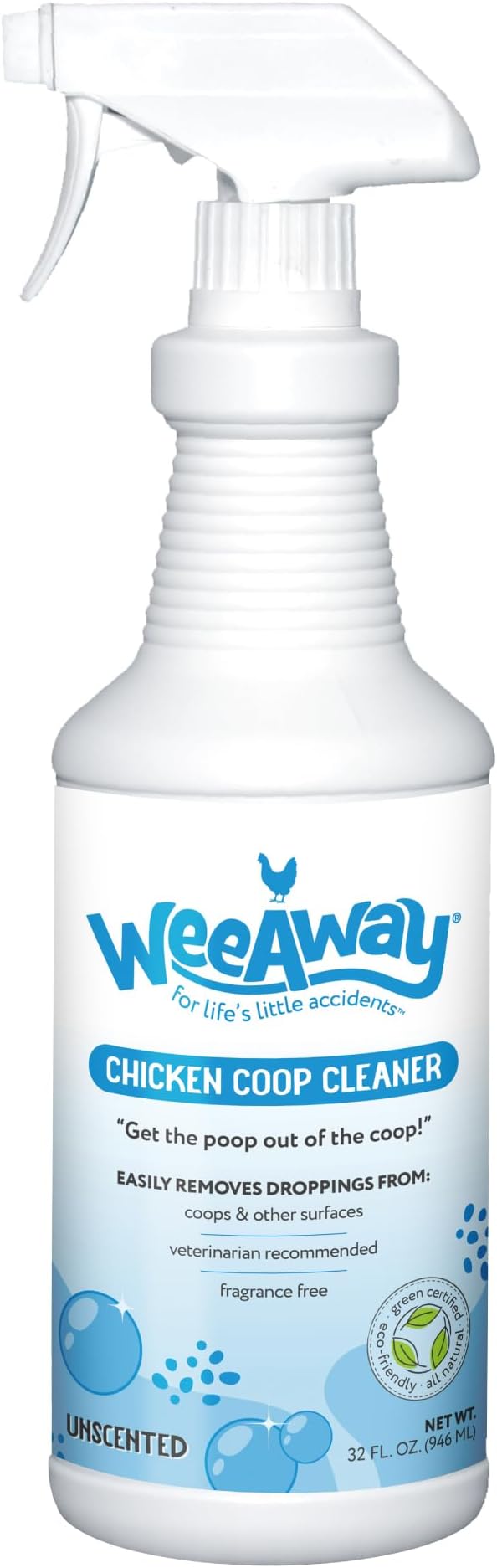 Wee Away Coop Refresher & Droppings Remover for Chickens, Enzyme Cleaner for Bird Poop, Odor Eliminator for Outdoor Chicken Coops, Unscented, 32oz