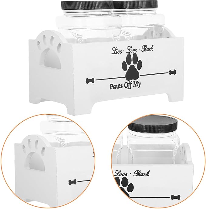 Mipcase Wooden Dog Food Storage Box with Airtight Jars, Treat Container Set for Countertop, Farmhouse Style Dog Treat Holder with Divided Compartments, White Wood for Home Pet Food