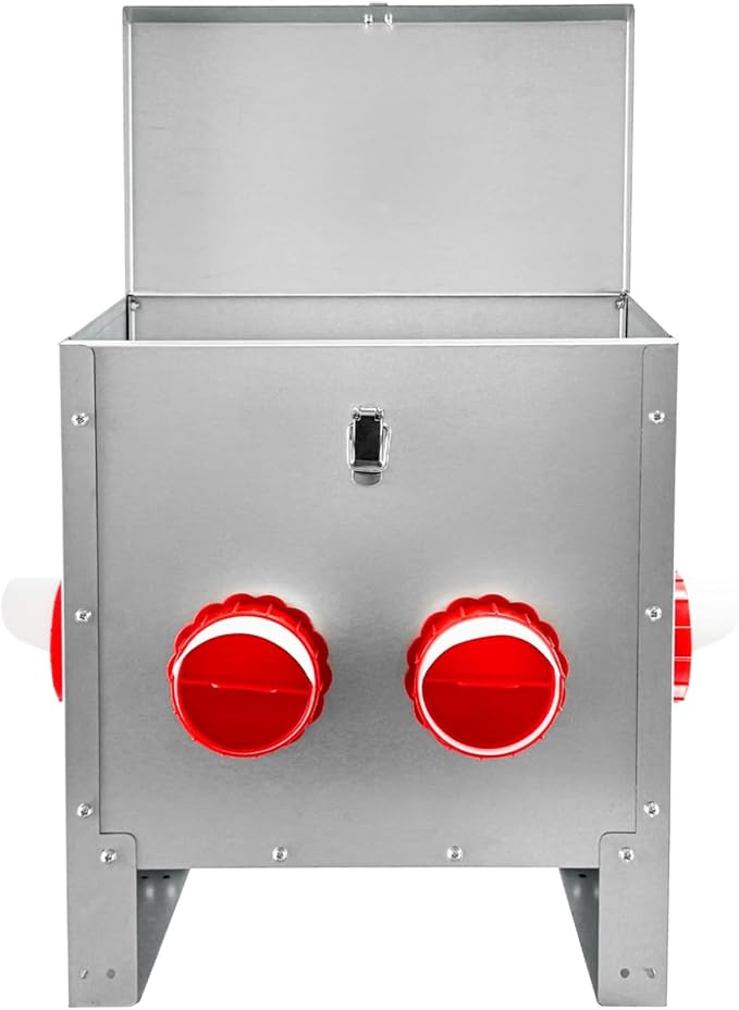 25LB Automatic Chicken Feeder with 4 Ports No Waste Galvanized Metal Poultry Feeder Outdoor Chicken Feeder Box with Handle and Locking Lid for Chickens Ducks Geese Silver