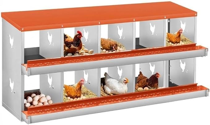 10-Compartment Double-Tier Metal Chicken Nesting Box - Rollaway Egg Laying Station - Vented, Easy-Clean Design, Wall Mount or Freestanding, Includes Egg Collection Tray, Red, Double Layer 10