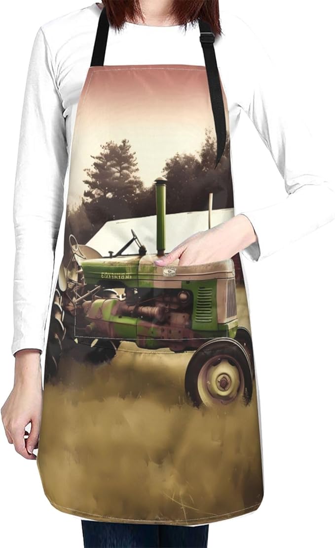 Old Tractor Photo Farm Cooking Aprons for Women Men Waterproof Bib Apron with Pockets Adjustable Kitchen Chef Apron