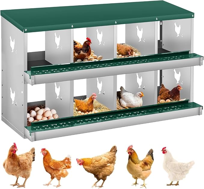 Chicken Nesting Box,8 Compartments Nesting Box for Chickens, Two-Tier Galvanized Metal Wall Mount Chicken Egg Laying Box with Large Vented Holes for Easy Egg Collection ﻿