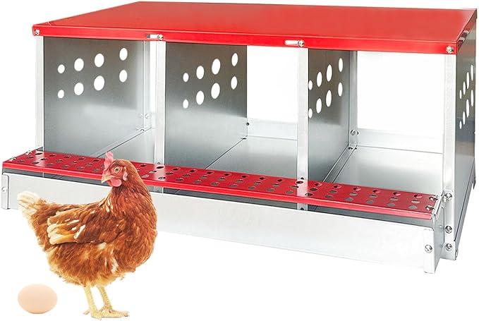 Chicken Nesting Boxes, 3 Compartments Metal Chicken Laying Box with Roll Out Egg Collection with Large Vented Holes for Chickens, Hens, Ducks, Large Egg Laying Boxes (3 Compartments)
