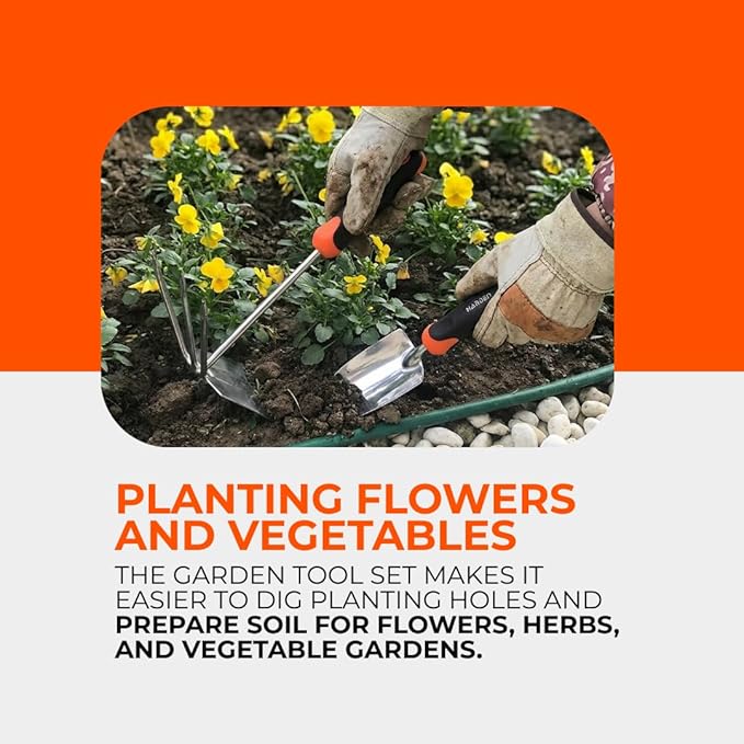 Garden Tool Set. Gardening Tool Set with Stainless Steel Spade and Combination Hoe Fork. Heavy Duty Rust Resistant Gardening Set with Ergonomic Non Slip Handle for Digging Planting and Weeding